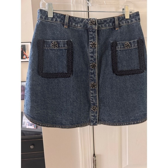 Self Portrait Skirt Button Front Pockets Embellished Blue Jean Skirt - Picture 9 of 16